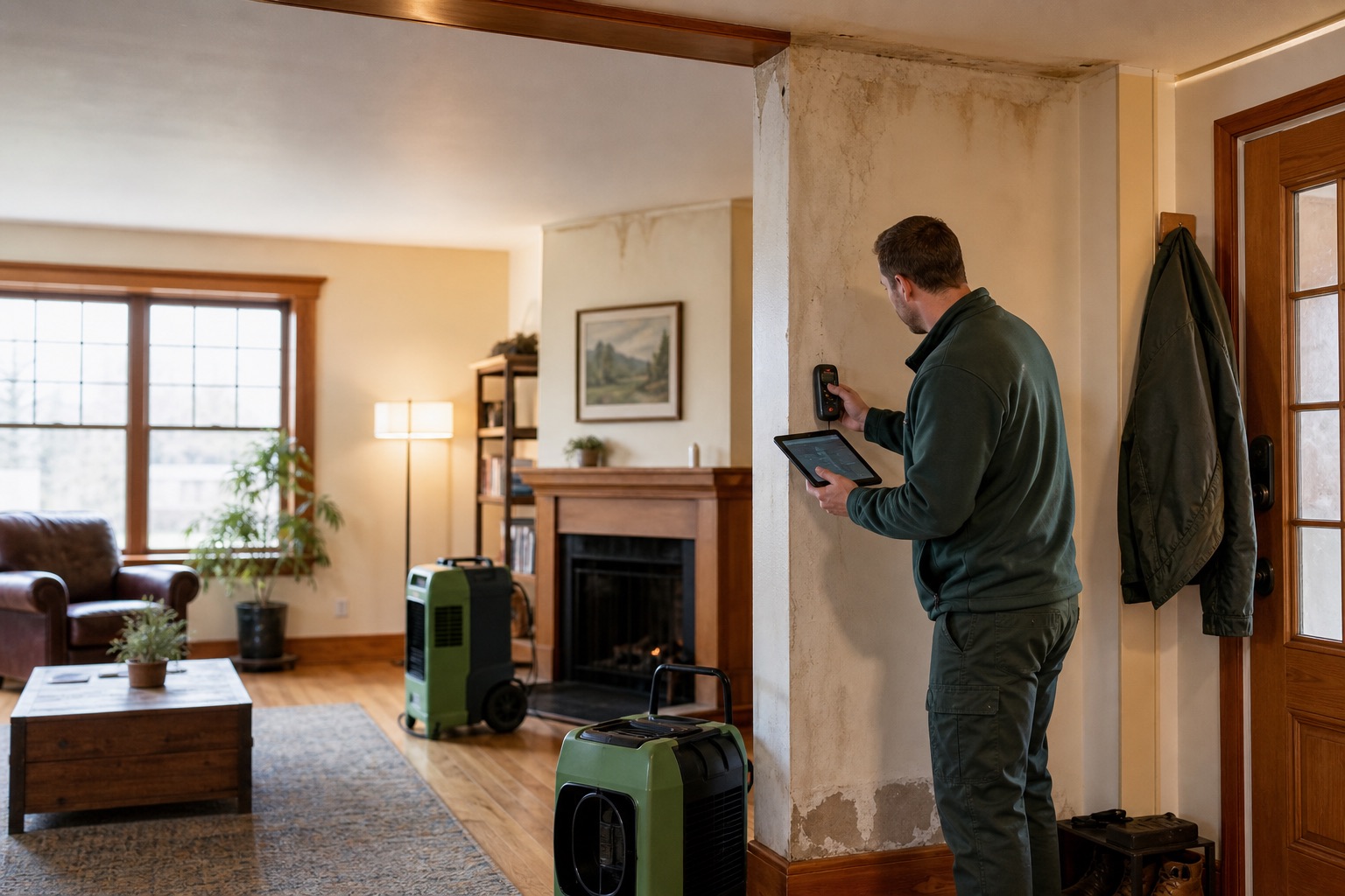 Water damage technician inspecting moisture in a residential property